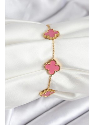 MiraLive Mey Ithalat® 316L Çelik Gold Zincir Pembe Yonca Renk Bileklik