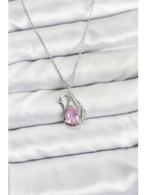 MiraLive Mey Ithalat® 316L Çelik Zincir Gümüş Renk Pembe Kuğu Model Zirkon Taşlı Kadın Kolye