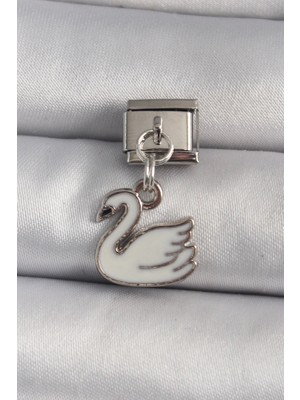 MiraLive Mey Ithalat® 316L Çelik Gümüş Renk Sallantı Beyaz Kuğu Model Nomination Charm