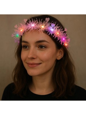 MiraLive Mey Ithalat® Kalp Püsküllü Gece Parıltısı 3 Modlu Led&amp;#39;li Işıklı Taç Pembe Renk