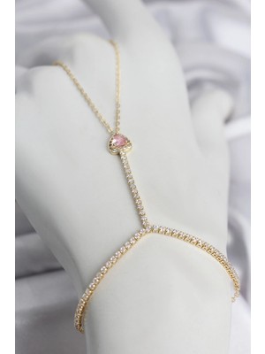 MiraLive Mey Ithalat® Gold Renk Pirinç Zirkon Taşlı Pembe Kalp Model Şahmeran