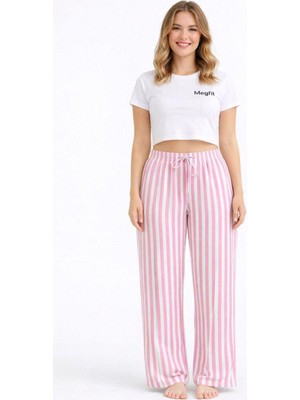 Hace Bazaar Viskon Pamuklu Kadın Pudra Pembe Çizgili Pijama Pantolon - MG004 - Mudanis
