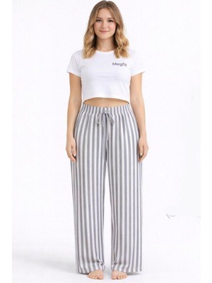 Hace Bazaar Viskon Pamuklu Kadın Açık Gri Çizgili Pijama Pantolon - MG006 - Mudanis