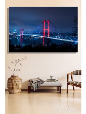 Şehber Yatay Tekli Kanvas Tablo Modern Ev Kafe Ofis Gece 15 Temmuz Şehitler Köprüsü Manzara 2324