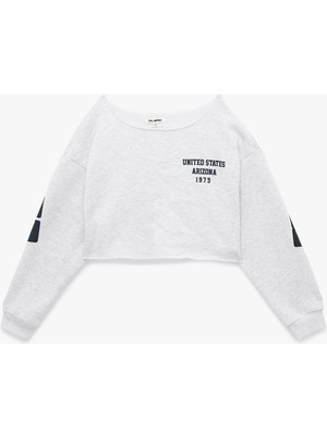 Koton Rahat Kalıp Üç Iplik Şardonlu Kayık Yaka Uzun Kollu Baskılı Crop Sweatshirt