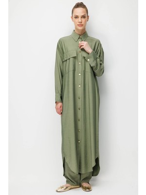 Micca %85 Lyocell Düğme ve Aksesuar Detaylı  Maxi Tunik Elbise-Haki