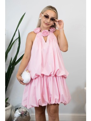 Muna Boutique Pembe Gül Detaylı Balon Elbise