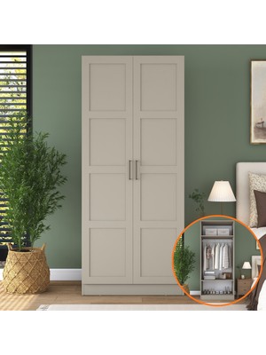 Rani BA275 Membran Kapaklı Gardırop 2 Kapaklı 2 Raflı Askılı Elbise Dolabı Kumtaşı