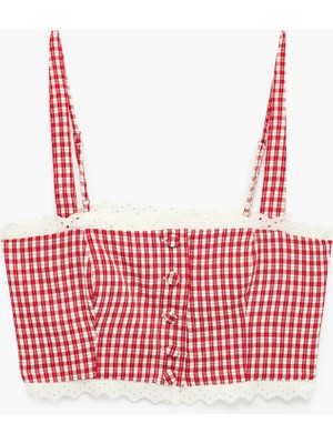 Koton Koton x Sibil Çetinkaya - Slim Fit Dantel Detaylı Pötikareli Askılı Crop Büstiyer