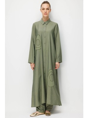 Micca %85 Lyocell Aller Özel Taş ve Desen Işlemeli Maxi Tunik Elbise Ferace-Haki
