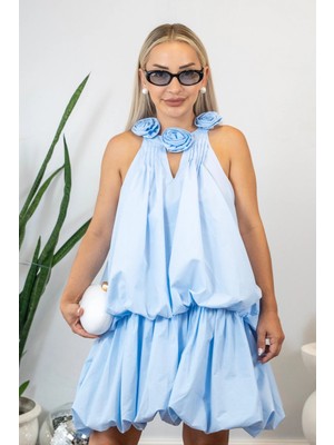 Muna Boutique Mavi Gül Detaylı Balon Elbise