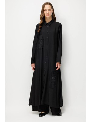 Micca %85 Lyocell Aller Özel Taş ve Desen Işlemeli Maxi Tunik Elbise Ferace-Siyah