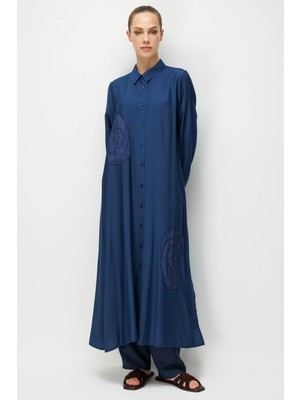 Micca %85 Lyocell Aller Özel Taş ve Desen Işlemeli Maxi Tunik Elbise Ferace-Marin