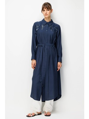 Micca %85 Lyocell Omuz El Işi Nakış Detaylı Maxi Tunik Elbise-Laci