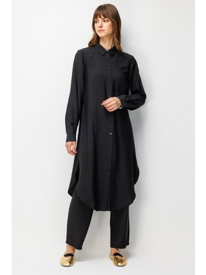 Micca %85 Lyocell Goldy Marin Çizgi  Ara Kumaş Garnili Pantalon Maxi Tunik Kombin Takım-Siyah