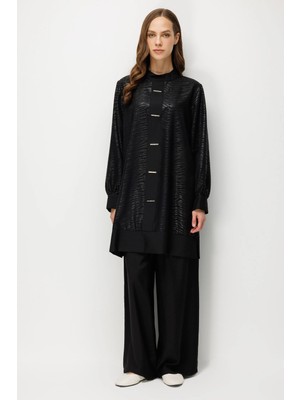 Micca %85 Lyocell Desen ve Aksesuar Garnili Pantalon ve Tunik Kombin Takım-Siyah