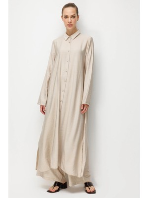 Micca %85 Lyocell Aller Sırt Rüzgarlıklı  Maxi Tunik Elbise-Pantalon Kombin Takım-Taş