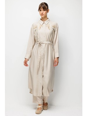 Micca %85 Lyocell Omuz El Işi Nakış Detaylı Maxi Tunik Elbise-Taş