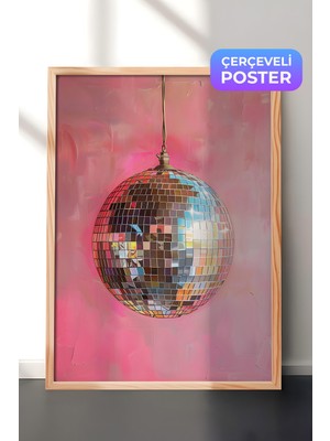 Empressco Ahşap Çerçeveli Pembe Disko Topu Genç Odası Dekor Poster