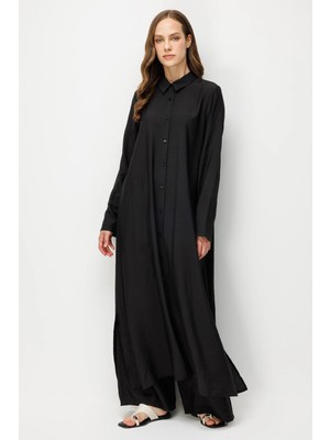 Micca %85 Lyocell Aller Sırt Rüzgarlıklı  Maxi Tunik Elbise-Pantalon Kombin Takım-Siyah
