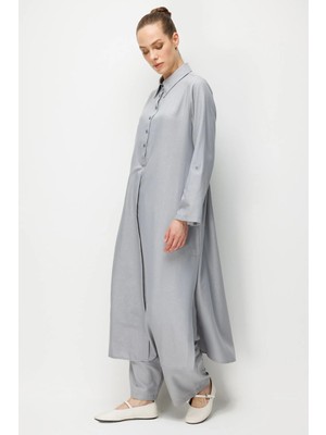 Micca Kum Desen Maxi Tunik ve Pantalon Kombin Takım-Gri