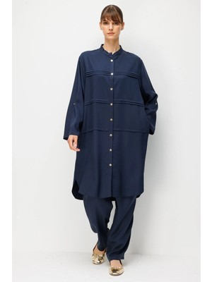 Micca %100 Doğal Lyocell Sıralı Aller Nervür Detaylı Maxi Tunik ve Pantalon Kombinli Takım-Laci