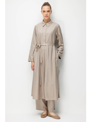 Micca Kum Desen Maxi Tunik ve Pantalon Kombin Takım-Taş