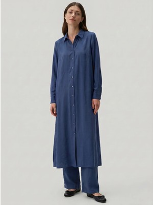Micca %85 Lyocell Goldy Marin Çizgi  Ara Kumaş Garnili Pantalon Maxi Tunik Kombin Takım-Laci