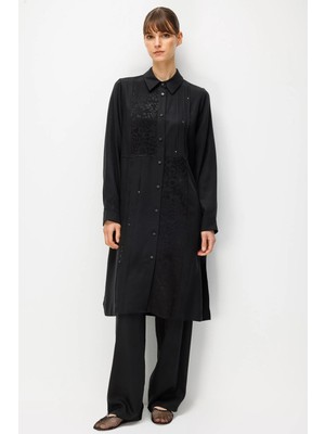 Micca %100 Doğal Lyocell Leo Garni Detaylı Maxi Tunik ve Pantalon Kombinli Takım-Siyah