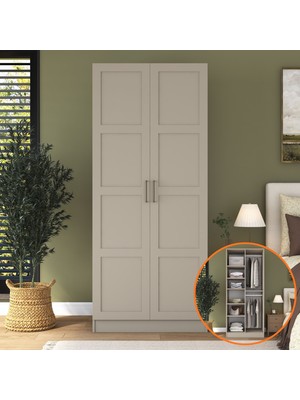 Rani BA277 Membran Kapaklı Gardırop 2 Kapaklı 6 Raflı 2 Askılı Elbise Dolabı Kumtaşı