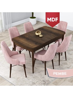 Canisa Concept Lia Serisi, MDF 80 x 132 cm Açılabilir Mutfak Masa Takımı, Barok Ahşap Desen Masa 6 Sandalye