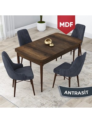 Canisa Concept Lia Serisi,MDF 80 x 132 cm Açılabilir Mutfak Masa Takımı, Beyaz Masa Ceviz Ayak 4 Sandalye