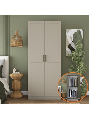 Rani BA287 Membran Kapaklı Gardırop 2 Kapaklı Raflı 2 Askılı Elbise Dolabı Kumtaşı