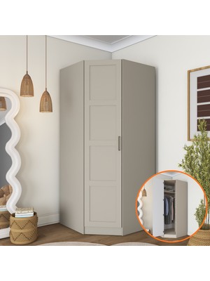 Rani BA279 Membran Kapaklı Köşe Modül Gardırop Tek Kapaklı 6 Raflı Askılı Elbise Dolabı Kumtaşı