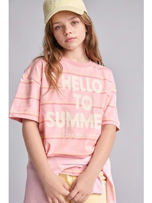 DeFacto %100 Pamuk Slim Fit Bisiklet Yaka Çizgili Kısa Kollu Açık Pembe Tişört Kız Çocuk G1142A826HS