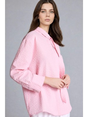 DeFacto Regular Fit Çizgili Krinkıl Kumaş Uzun Kollu Açık Pembe Tunik H8818AX26HS