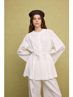 DeFacto Regular Fit Ekru Pamuklu Keten Karışımlı Uzun Kollu Ekru Tunik H8907AX26AU