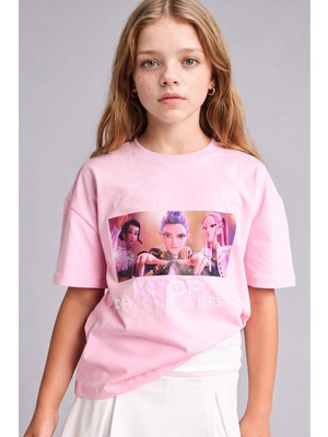 DeFacto %100 Pamuk Kpop - Demon Hunters Lisanslı Oversize Bisiklet Yaka Kısa Kollu Açık Pembe Tişört Kız Çocuk H9629A826AU