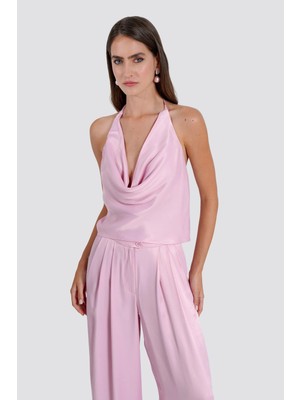 Thalure Kadın Pembe Degaje Yaka Sırt Dekolteli Saten Bluz