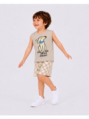 Yiğit Butik Erkek Çocuk Köpek Baskılı Kolsuz Tişört Dama Desenli Şortlu Yazlık Takım