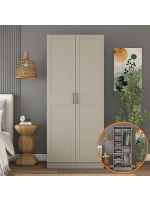 Rani BA291 Membran Kapaklı Gardırop 2 Kapaklı 6 Raflı 2 Askılı Elbise Dolabı Kumtaşı