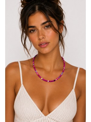 Uretti 0040 Herringbone El Yapımı Kadın Boncuk Kolye Şık Bijuteri Takı - Pembe