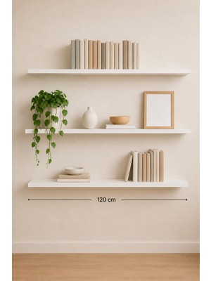 yankı-byeg 120 cm 3lü Mat Beyaz Mdf Gizli Montaj Ahşap Duvar Rafı Uçan Raf Kitaplık