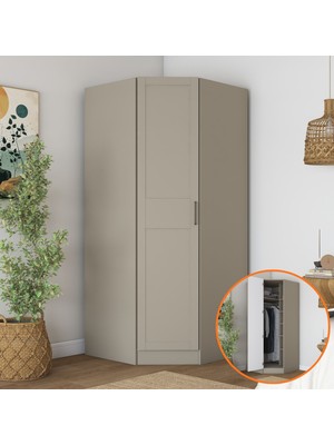 Rani BA293 Membran Kapaklı Köşe Modül Gardırop Tek Kapaklı 6 Raflı Askılı Elbise Dolabı Kumtaşı