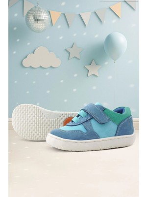 Rakerplus Bob Hakiki Deri Mavi Yeşil Barefoot Cırtlı Lastikli Bebek Sneaker Ayakkabı