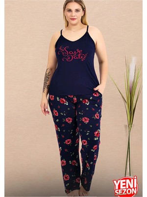 Yare Lady Büyük Beden Lacivert Çiçek Desenli Pijama Ince Askılı Üst Pijama Takımı 11019