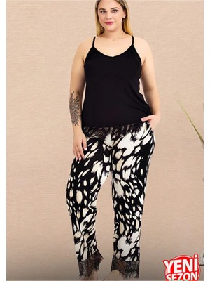 Yare Lady Büyük Beden Desenli Bacaklar Dantelli Pijama Askılı Dantelli Üst Pijama Takımı