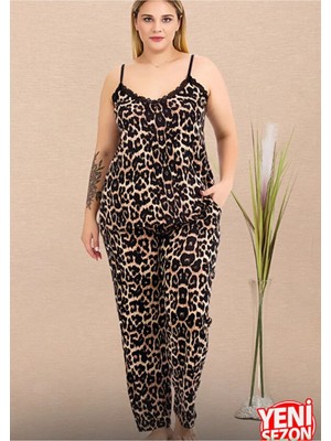 Yare Büyük Beden Leopar Desenli Askılı Üst Cepli Alt Pijama Takımı 11026