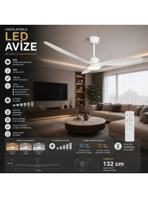 SeckinStore Vanti KCF321 52''(132CM) Ledli Dekoratif Tavan Vantilatör 40W (Motor)+ 24W (Led) Beyaz Renk