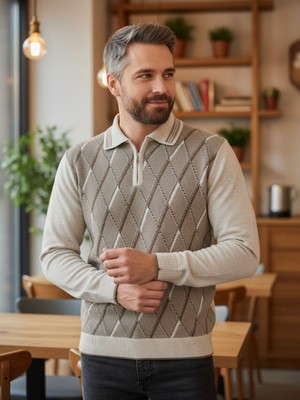 Kamalı Erkek Krem Tüylenme Yapmayan Anti Pilling Kumaş Standart Fit Normal Kesim Polo Yaka Triko Kazak